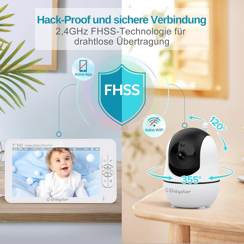 Babystar Babyphone mit 2 Kameras 7 Zoll 1080P Split-Screen-Video-Babyphone mit integriertem Weitwink