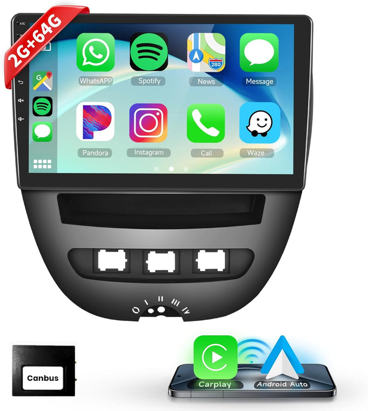 Podofo Drahtloses Carplay Autoradio für Peugeot 107/Citroen C1/Toyota Aygo, Android 2G+32G HiFi 10"