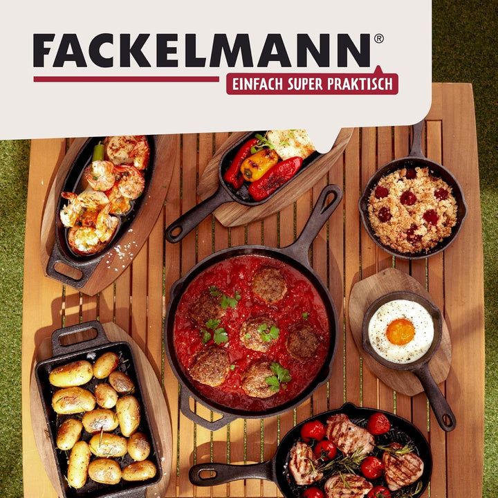FACKELMANN Pfännchen aus Gusseisen mit praktischem Holzuntersetzer – Runde Grillpfännchen aus Guss p