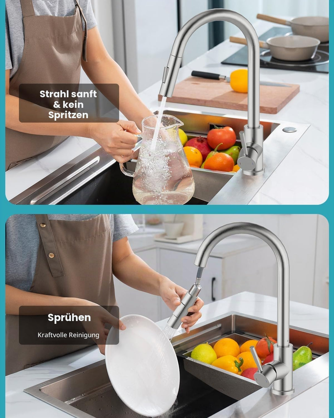 APPASO Wasserhahn Küche, Küchenarmatur Ausziehbar 360° Drehbar, Hochdruck Mischbatterie mit 20 Zoll
