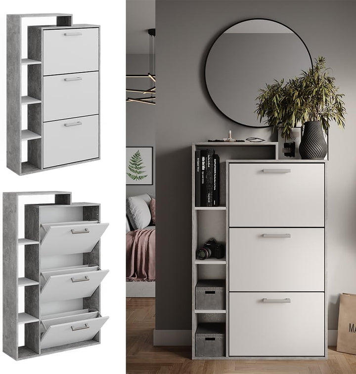 Vicco Schuhkommode Orlando, Schuhregal, Beton, 80 x 128.3 cm mit 3 Fächern Weiss/Beton, Weiss/Beton