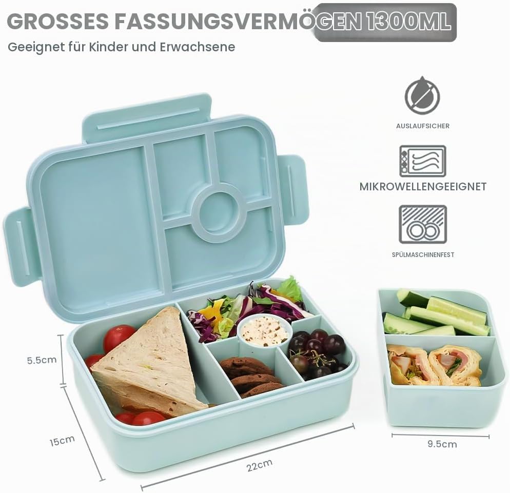 Bugucat Lunchbox Kinder 1300ML 2 Set, Brotdose Kinder mit 5 Fächern Bento Box Brotdosen mit Bestecks