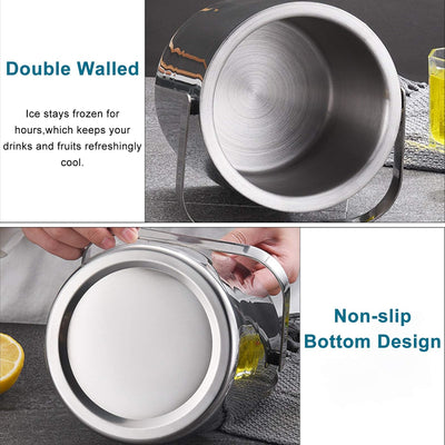 Emsmil Eiseimer mit Deckel Zange und Sieb 1.3L Eiskübel Edelstahl Doppelstöckiger Design Eisbehälter