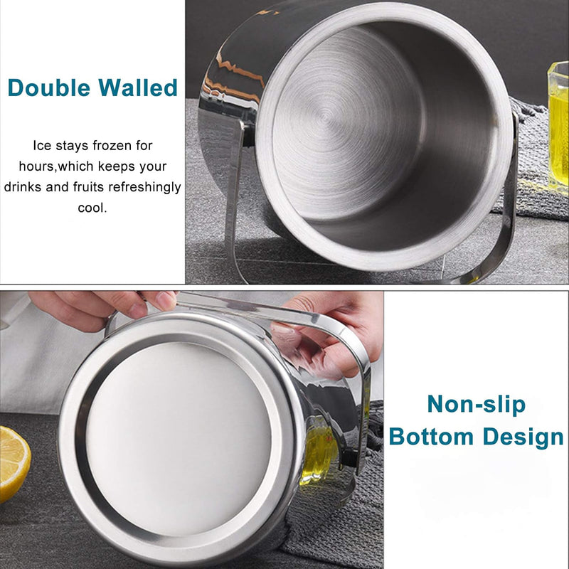 Emsmil Eiseimer mit Deckel Zange und Sieb 1.3L Eiskübel Edelstahl Doppelstöckiger Design Eisbehälter