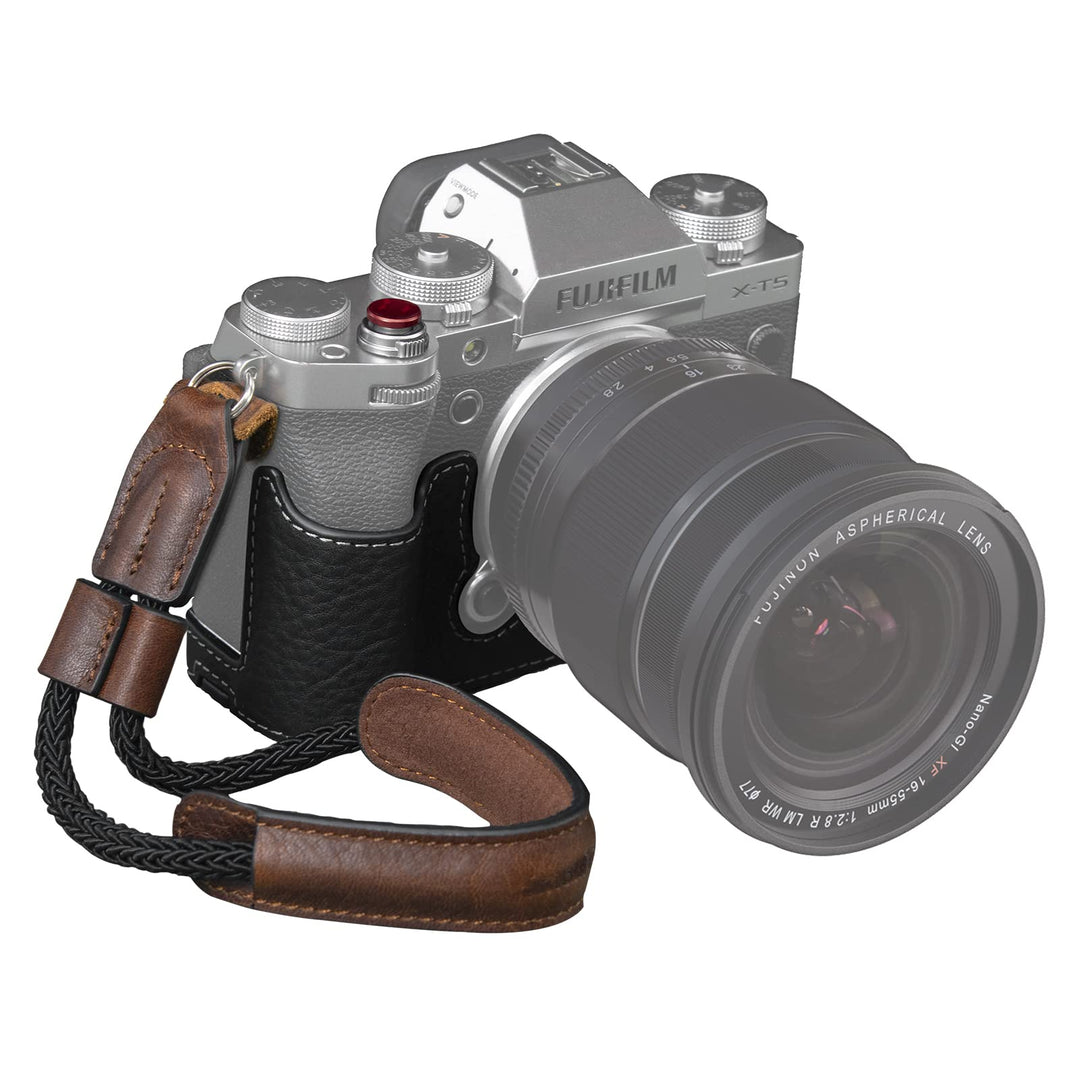 SMALLRIG X-T5 Half Case mit Handschlaufe und Auslöser, Kameratasche aus braunem Leder im Retro-Stil