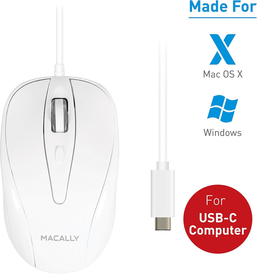Macally UCTURBO, MacBook Maus USB C, optisch mit Kabel, Mouse für USB-C Notebook und Laptop, weiss /