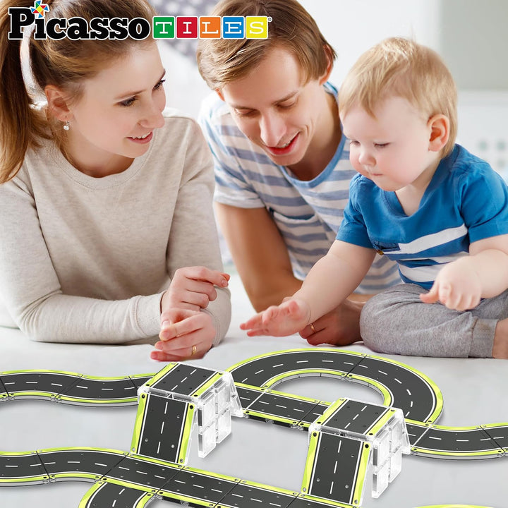PicassoTiles Magnetfliese, Autostrecke, Abenteuerthema, Bedruckt, Strasse, Landebahn, Rennstrecke, A