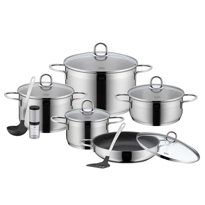 Silit Diamant Topfset 9-teilig, mit Glasdeckel, Servierpfanne, Küchenhelfer, Mühle, Edelstahl polier