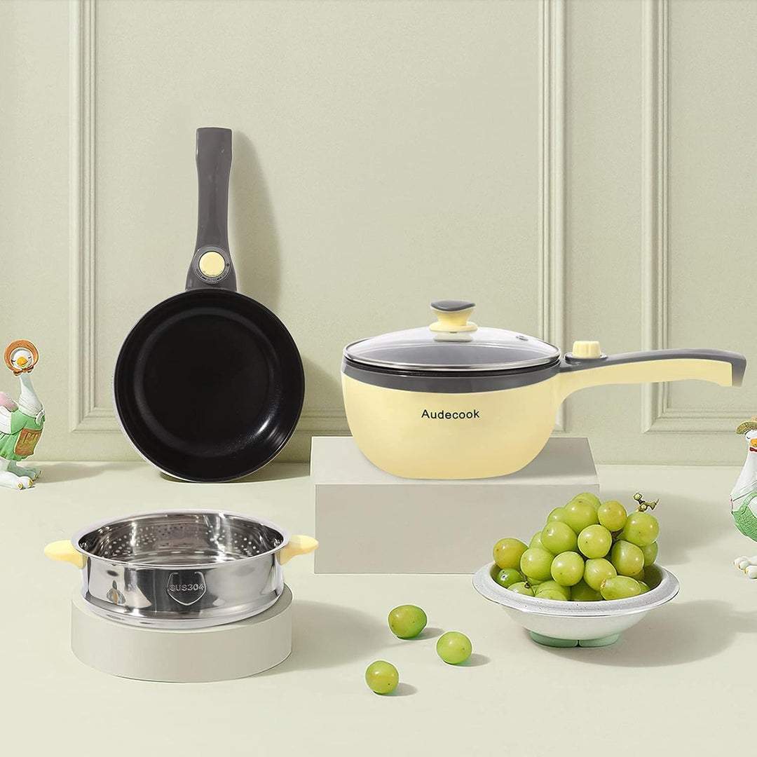 Audecook Elektrische Bratpfanne, Hot Pot Topf 20cm, Antihaft Mini elektropfanne mit Dampfgarer, Mult