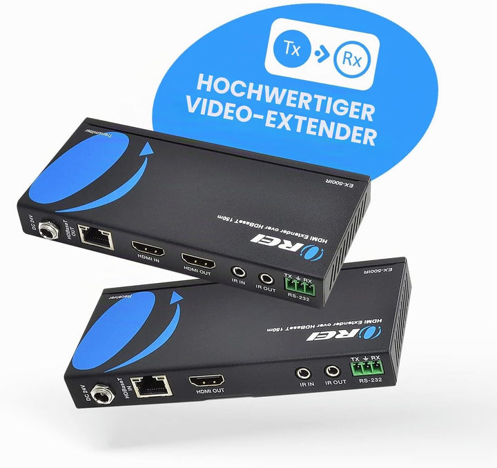 OREI HDBaseT HDMI Extender Over Cat5e/6 Ethernet LAN Cable - Up to 500 Feet - IR, HDMI Loop-Out, RS-