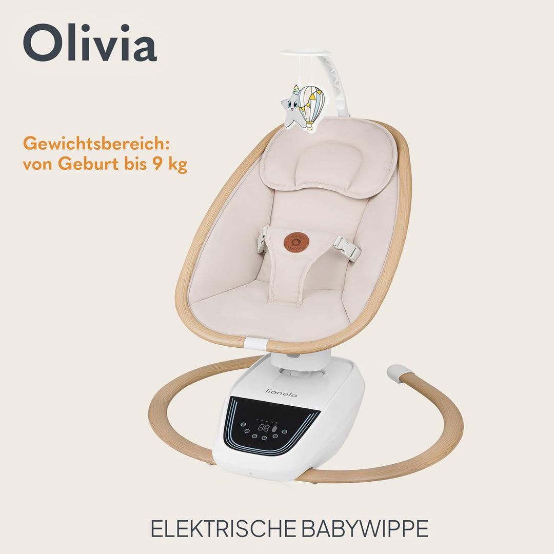 Lionelo OLIVIA Elektrische Babywippe bis zu 9 kg Neigungsverstellung, natürliches Schaukeln, 4 Gesch