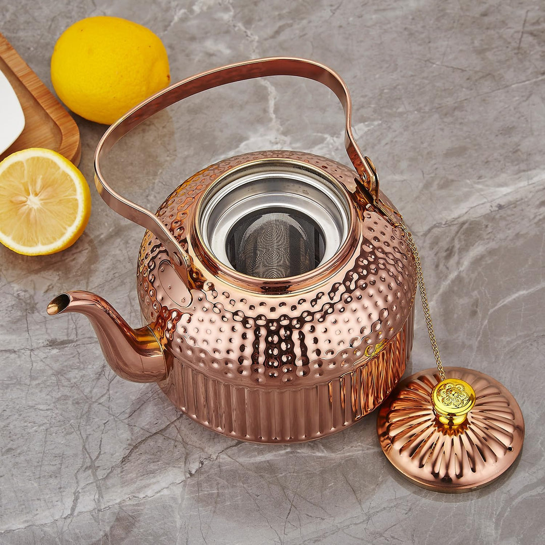 SANQIAHOME® 1,8 Liter Edelstahl-Teekanne mit Siebeinsatz, mit Teesiebgriff,Induktionsgeeignet Kupfer
