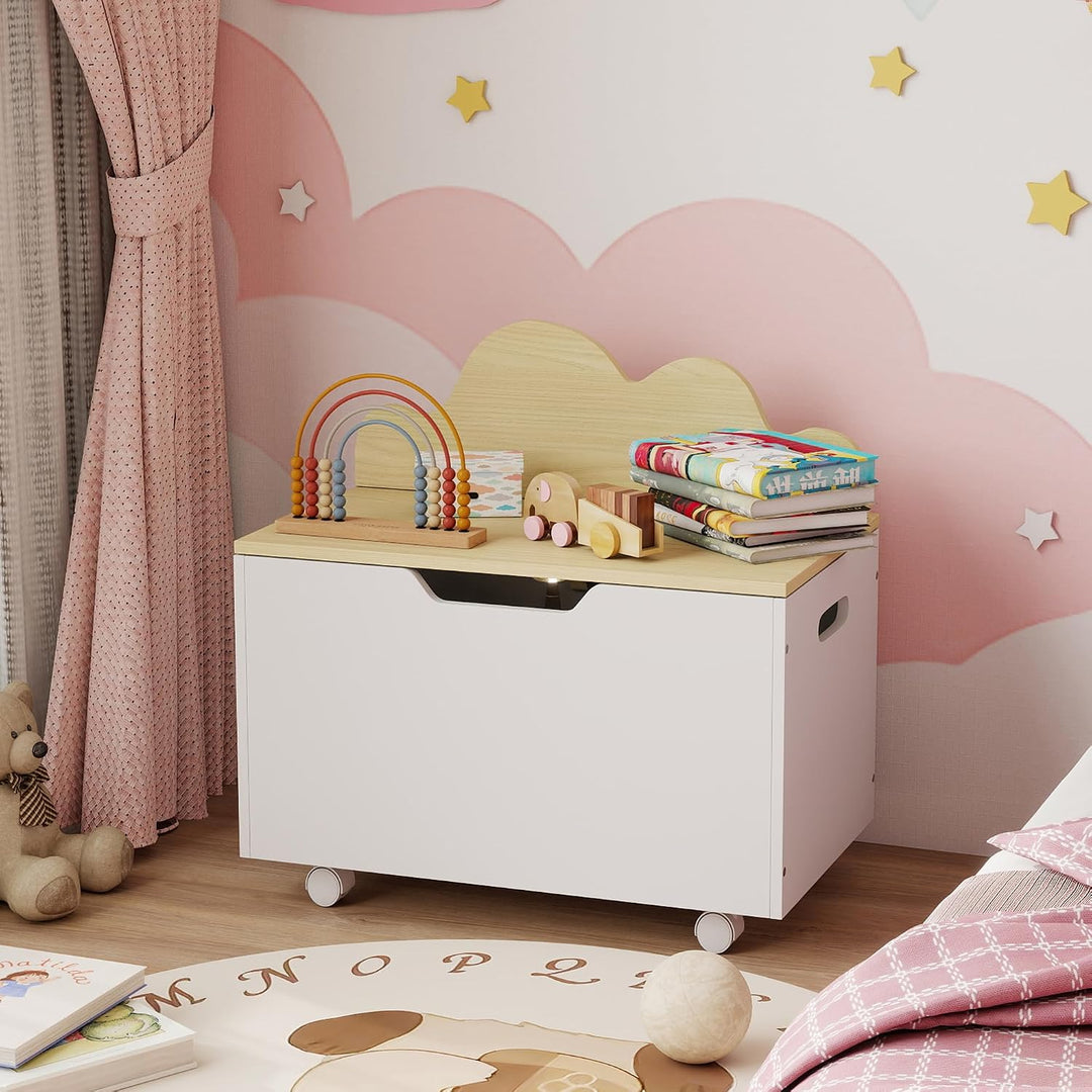 AIYAPLAY Kinderspielzeugtruhe auf Rollen, Kinderaufbewahrungsbox mit Klappdeckel, Sicherheitsscharni