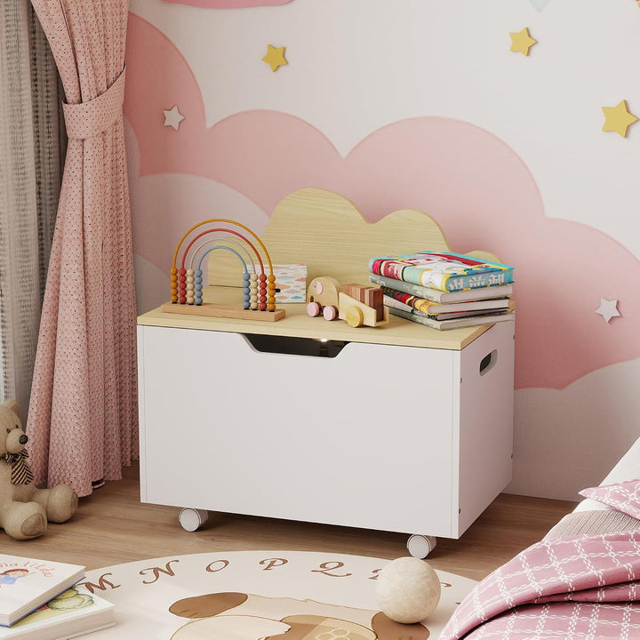 AIYAPLAY Kinderspielzeugtruhe auf Rollen, Kinderaufbewahrungsbox mit Klappdeckel, Sicherheitsscharni