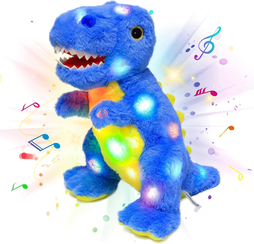 Blau Dinosaurier LED Musikalisches Plüschtier mit Leuchtend Singender T-Rex Schlaflied, Dino Kuschel