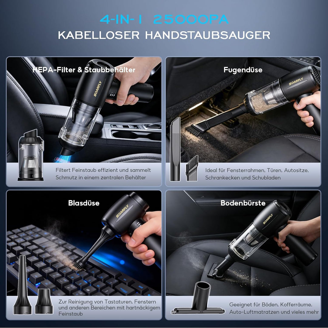 Handstaubsauger Akku, 25000Pa 4 in 1 Auto Mini Staubsauger Kabellos Stark mit LED Licht, 2-Gang Elek