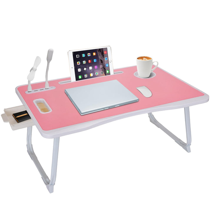 Laptop Betttisch, Faltbarer Laptop-Betttisch mit USB-Ladeanschluss, Griff, Kartenfach, Becherhalter,