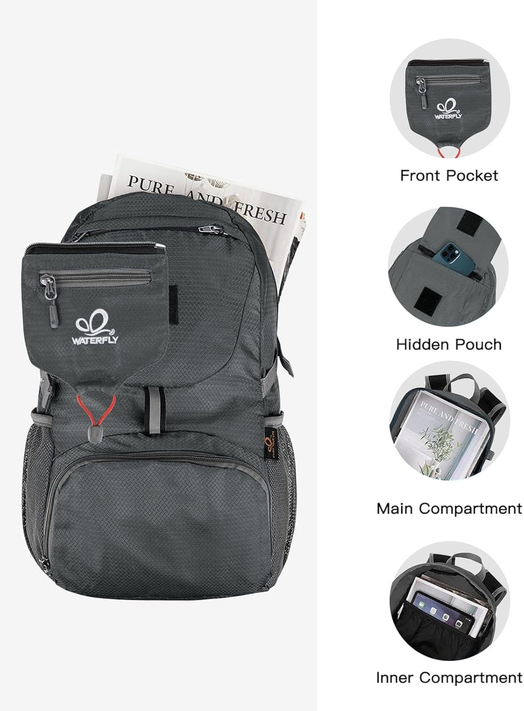 WATERFLY Ultraleicht Faltbar Klein Rucksack: 20L Leicht Packable Wanderrucksack Tagesrucksack Trekki
