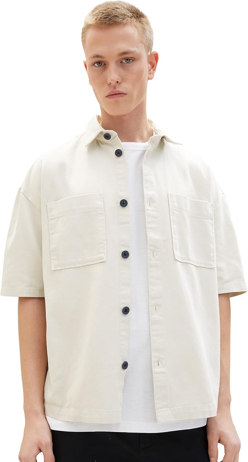 TOM TAILOR Denim Herren Boxy Fit Hemd mit Brusttaschen S 31718 - White Sand, S 31718 - White Sand