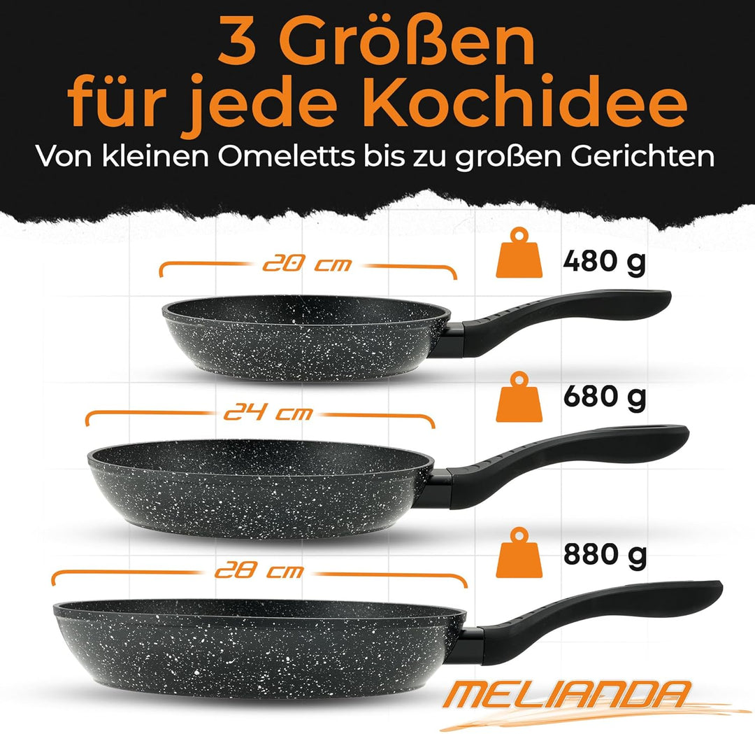 melianda IT-3000 3tlg Pfannenset 20cm - 24cm - 28cm antihaft Marmoroptik Elektro, Glaskeramik, Gas,