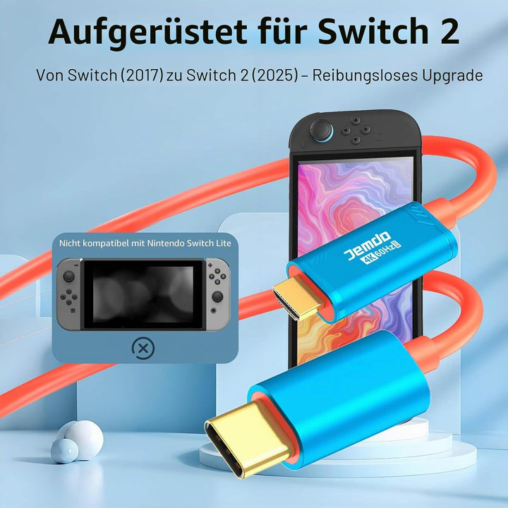 JEMDO Switch 2 Dock HDMI Kabel für Fernseher, 4K 60Hz 18 Gbps USB C zu HDMI 2.0 2m, 100W PD Spielen