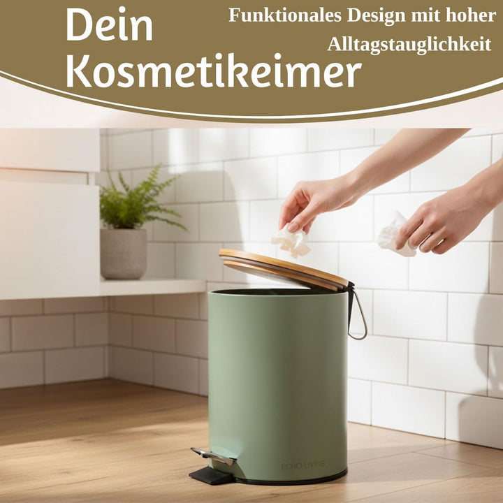 LS-LebenStil Tretmülleimer Papierkorb 3L Matt Grün Rund mit Softclose Holz Deckel Treteimer Fusspeda
