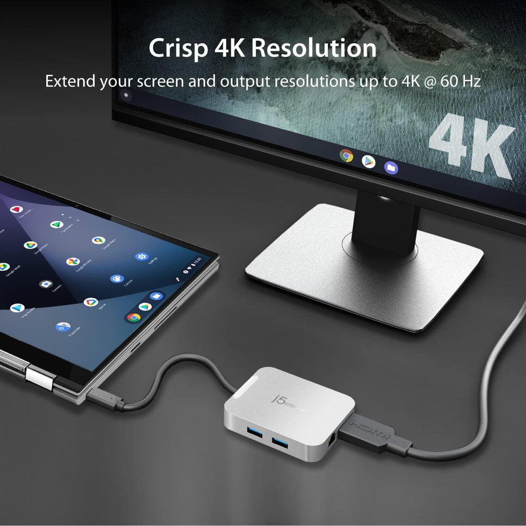 j5create USB C Hub [Funktioniert mit Chromebook Certified] - 4K 60Hz HDMI, 100W PD, 2 x USB-A, Ether
