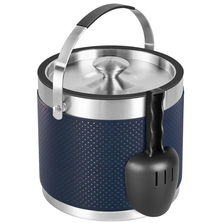 3.2L Eiswürfelbehälter mit Deckel und Schaufel, Upgrade Lederdesign Edelstahl Eiskübel, Doppelwandig