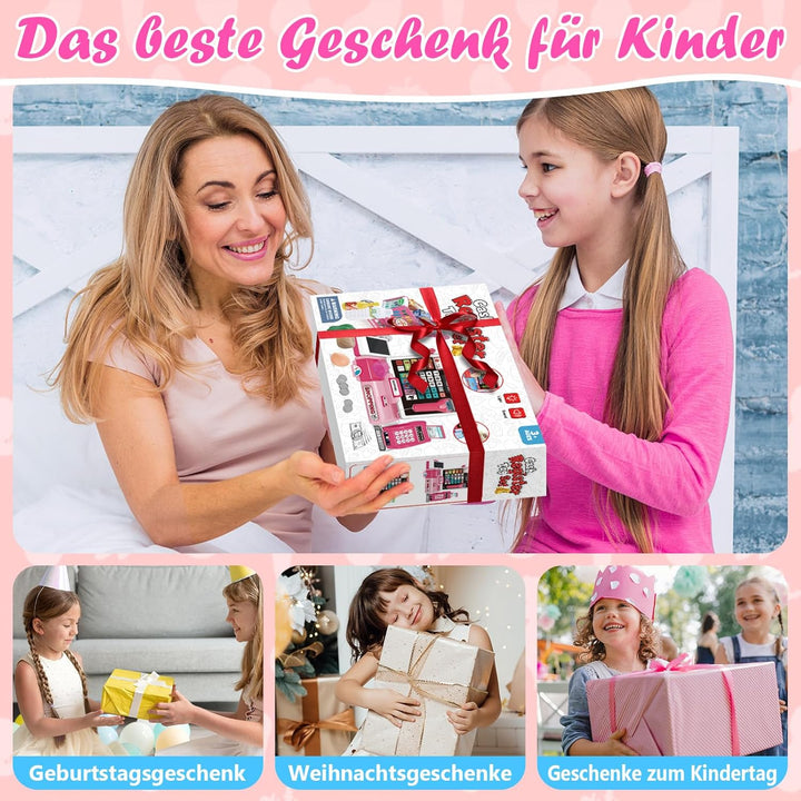 Herenear Kaufladenkasse für Kinder, Spielzeug Kasse mit Scanner und Sound - inkl. 52 Zubehör(Scanner