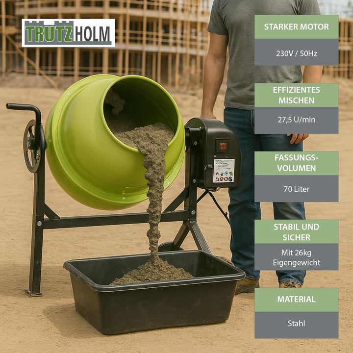 TrutzHolm® Betonmischer mit 70l Trommel leistungsstarker Elektromotor mit 275 Watt stabile Stahlkons