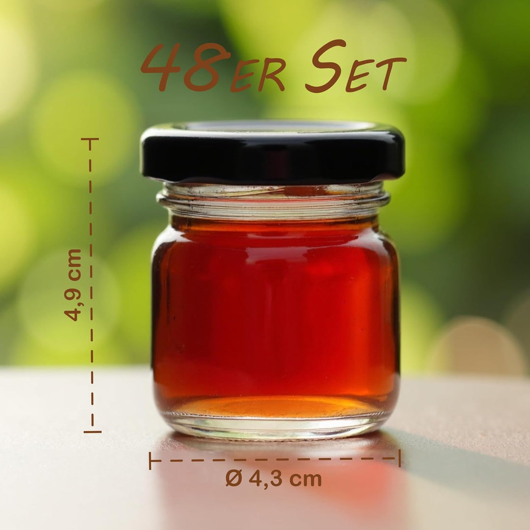 gouveo 48er Set Einmachgläser 40 ml Mini mit Schraub-Deckel schwarz - Mini Vorratsgläser mit Drehver