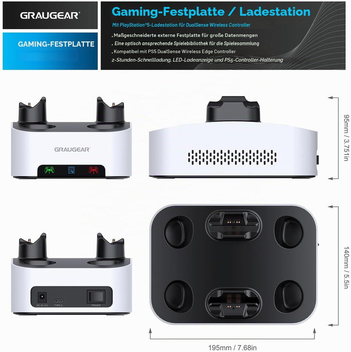 GRAUGEAR 4TB Externe Festplatte für PS5 & PS5 Slim, Ladestation für 2X PS5 Controller, 4TB HDD 3.5",