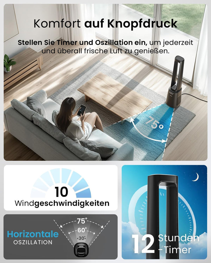 Pro Breeze OmniAir 105cm rotorloser Ventilator mit Luftreiniger - Smart Home Ventilator, WLAN, App,