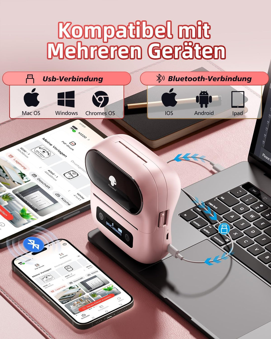 Phomemo M220 Etikettendrucker,Upgrade Barcode-Drucker,Bluetooth Tragbarer Thermo Beschriftungsgerät