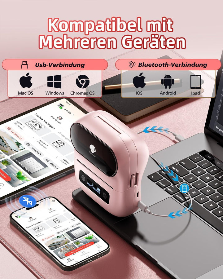 Phomemo M220 Etikettendrucker,Upgrade Barcode-Drucker,Bluetooth Tragbarer Thermo Beschriftungsgerät