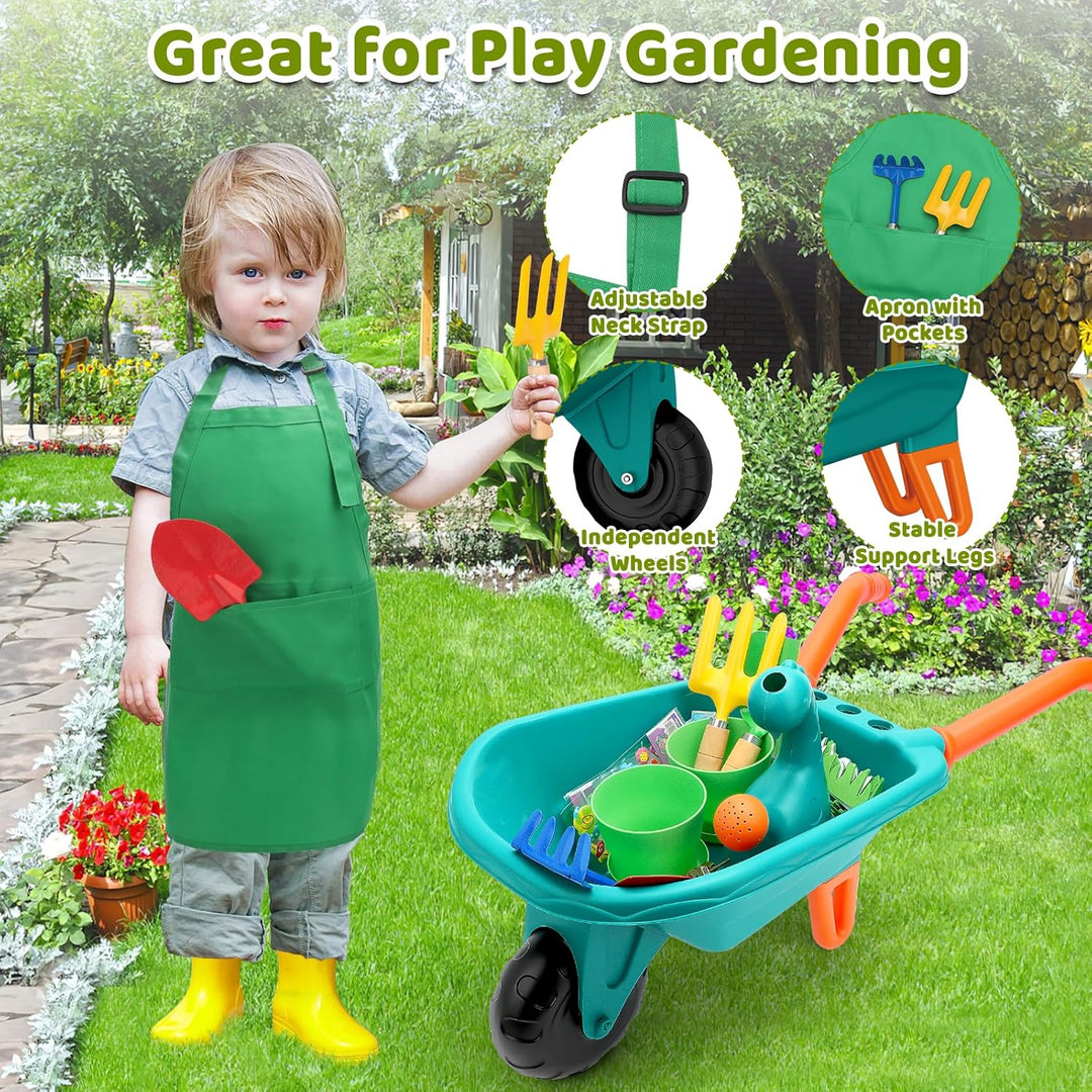 deAO Gartenset Kinder, Gartengeräte Spielzeug mit Schubkarre, Schaufel, Rechen, Blumentöpfe, Handsch