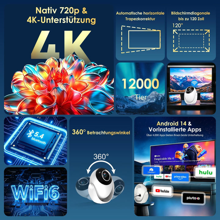 ZDSSY Mini Beamer 4K Unterstützt, Smart Beamer Integrierte APP 360° Dreh
