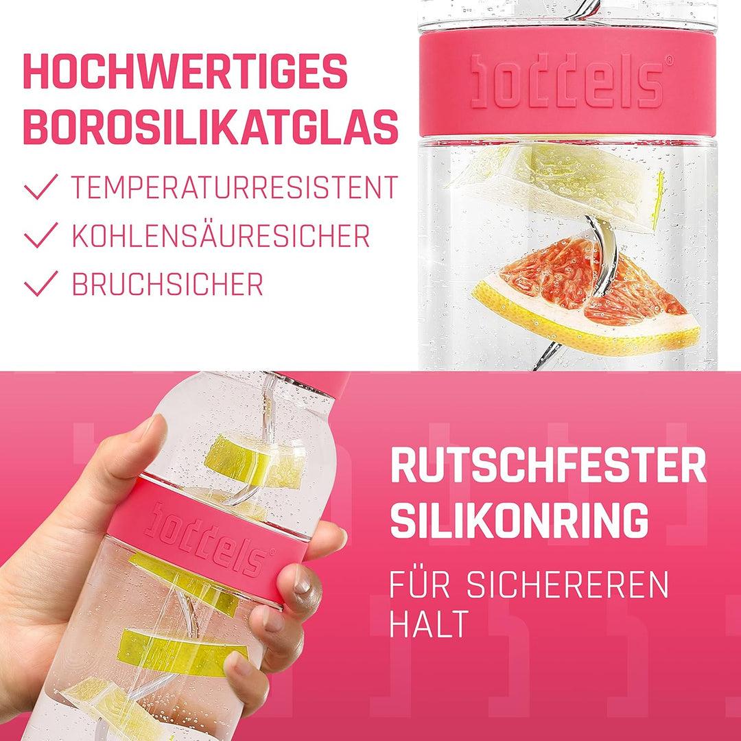 boddels Glaskaraffe mit Deckel und Sieb 1.100ml, Rutschfester Griff, Glaskaraffe mit Fruchteinsatz,