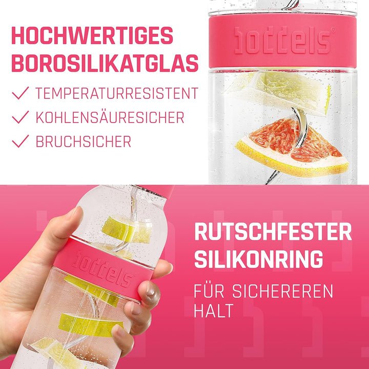 boddels Glaskaraffe mit Deckel und Sieb 1.100ml, Rutschfester Griff, Glaskaraffe mit Fruchteinsatz,