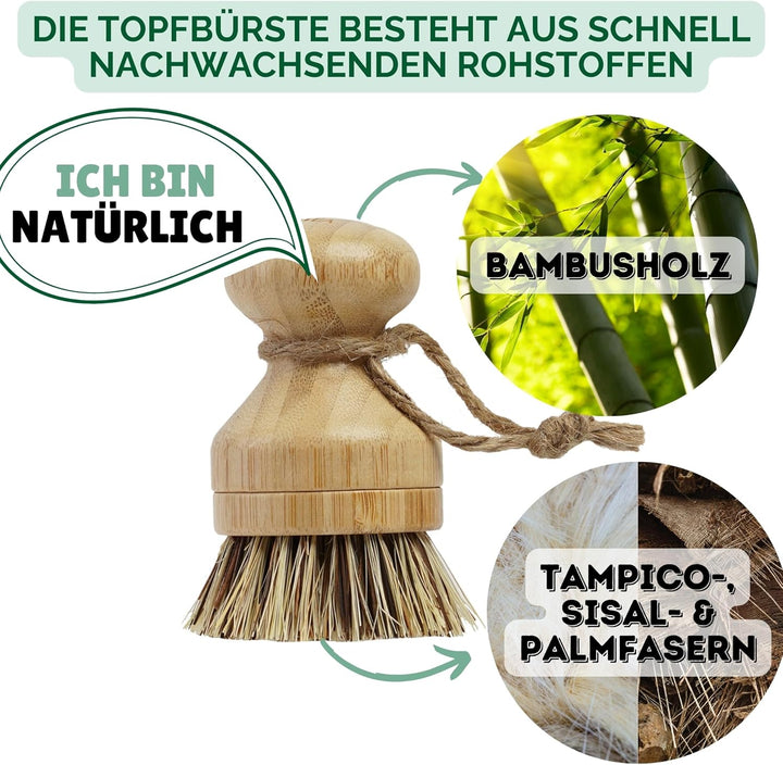 PROTEA Topfbürste mit Ersatzköpfen (3er Set) - nachhaltige Spülbürste für Töpfe - Reinigungsbürste f