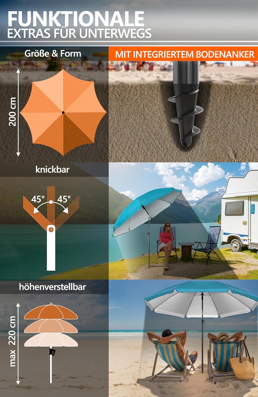 4smile Sonnenschirm Strand SunnyJoy, Türkis - UPF 50+ Strandschirm Ø 200 cm, sicherer Sonnenschutz S