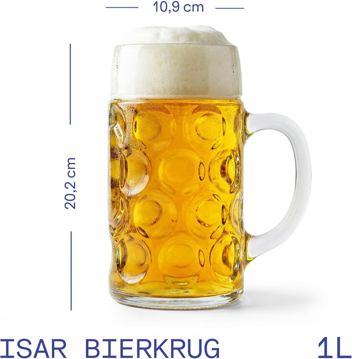 Stölzle Oberglas Bierkrug ISAR / 6er Set Bierkrüge 1 Liter/Stabiler Bier Krug/Masskrug aus Soda Lime
