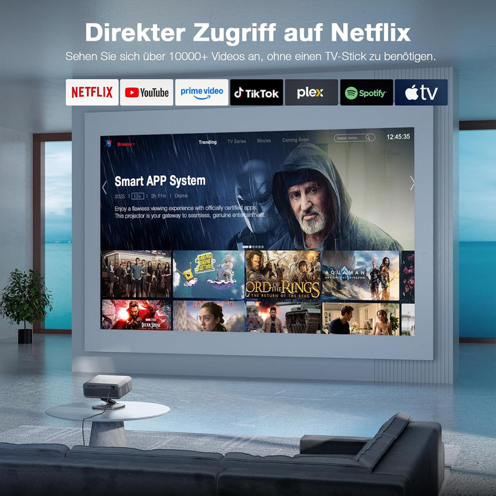 Smart Beamer 4K 【Offiziell APPs & Dolby Audio】4000 ANSI LED Video Projektor, Autofokus & Trapezkorre