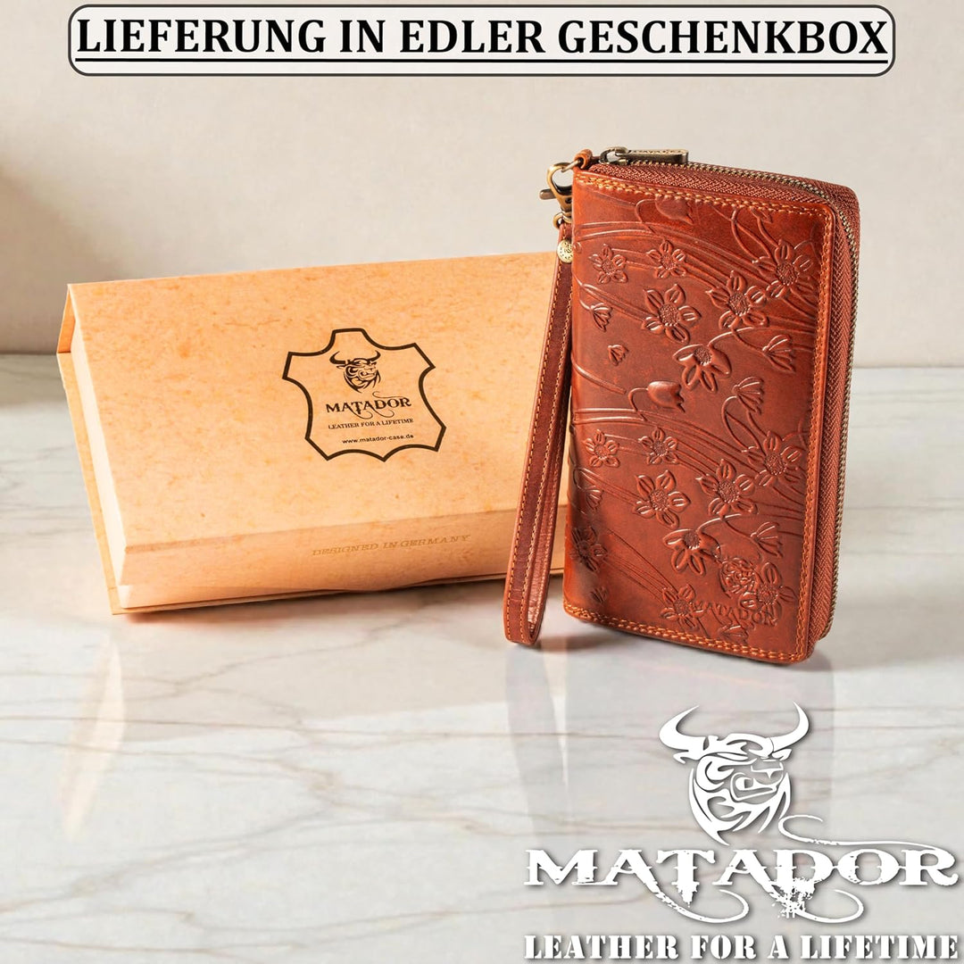 MATADOR Echt Leder Damen Lang-Geldbörse Clutch Portemonnaie TüV Geprüfter RFID Schutz Geldtasche Blu
