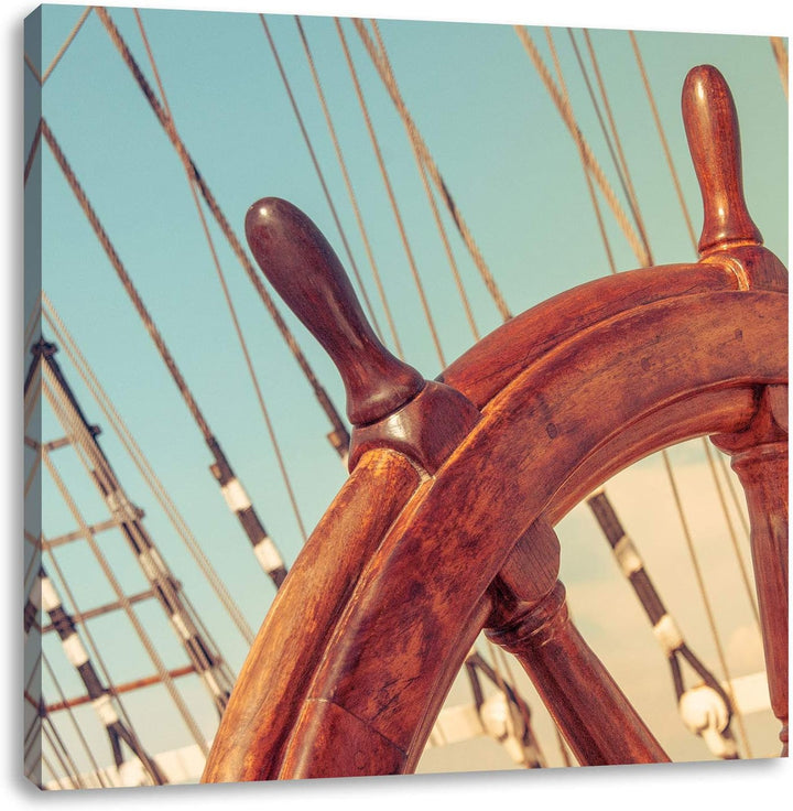 Pixxprint Steuerrad auf dem Schiff 70x70cm Leinwandbild Wandbild Kunstdruck, 70x70