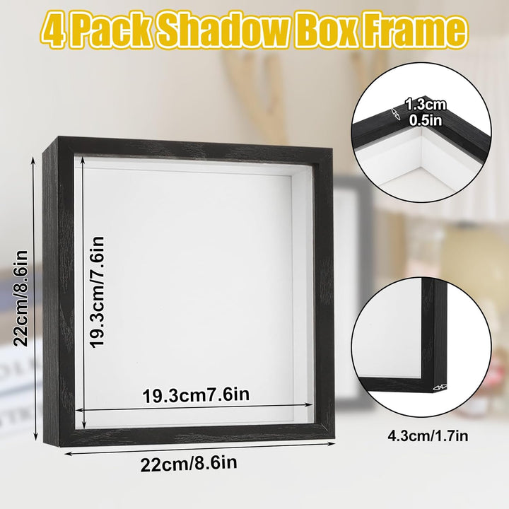 JMIATRY 4er Set 3D Bilderrahmen 20x20 cm, Bilderrahmen zum Befüllen, Schwarz Objektrahmen Shadow Box