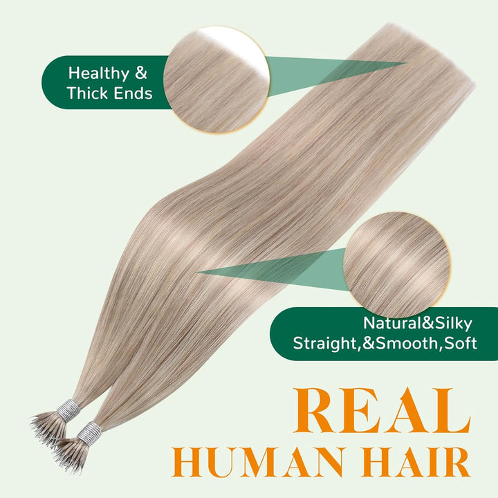 Easyouth Nano Bead Extensions Echthaar Farbe Aschblond und Gelb Blond 14 Zoll 50 Stück 50g Nano Loop