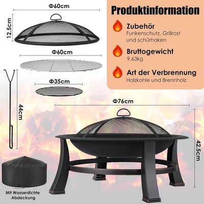 Feuerkorb mit funkenschutz, Φ76cm Feuerschale mit grillrost, Retro-Look Feuerstelle, Feuerschalen fü