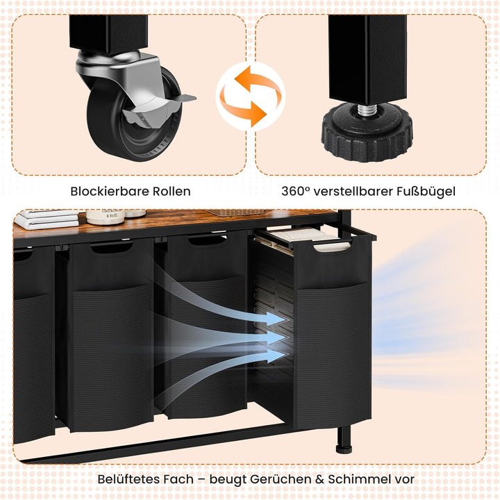 Sweetcrispy Wäschesammler mit Rollen, Wäschekorb 4 Fächer, 160 L, Schwarz | mit Ablage, 4 abnehmbare