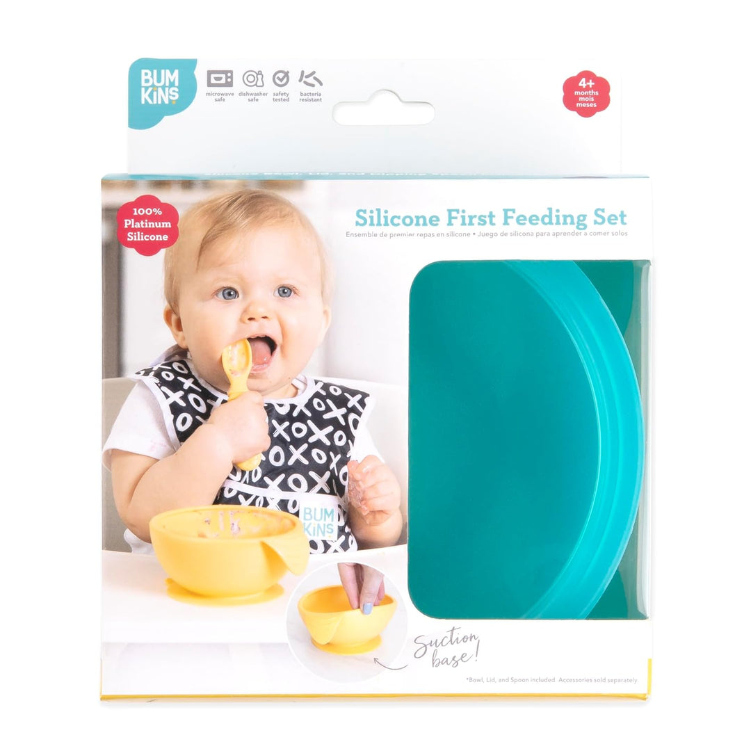 Bumkins - Erstes Baby Fütterungsset aus Silikon mit Saugnapf, Deckel und Löffel, Blau Jelly Blue Jel